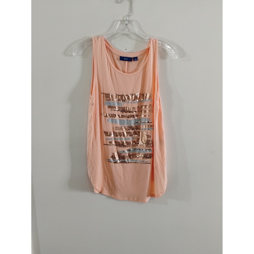 Apt. 9 Womens Peach Sequin Graphic Tank Top Sleeveless Scoop Neck Small